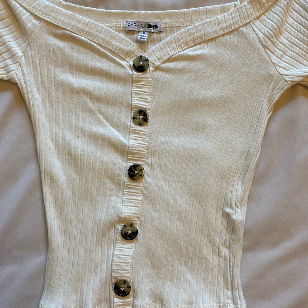 off the shoulder cream ribbed button top